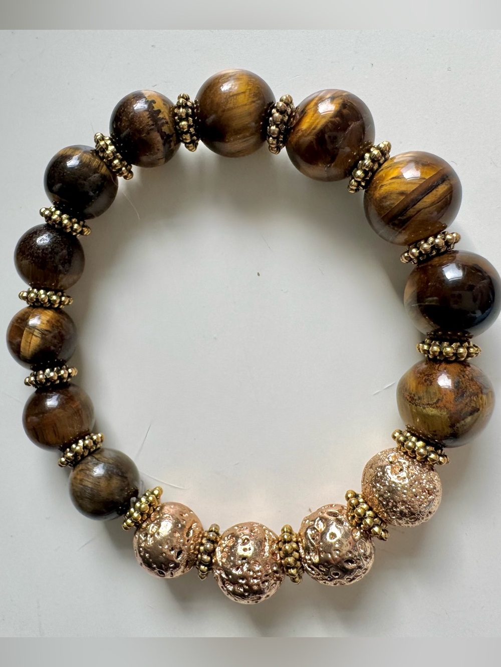 Tigers Eye Bead Stretchy Bracelet with Gold Lava Stones